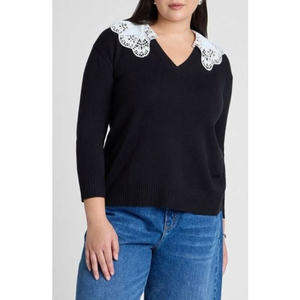Eloquii Sweater Womens 18 20 Black Scalloped Collar V Neck Cottagecore Feminine